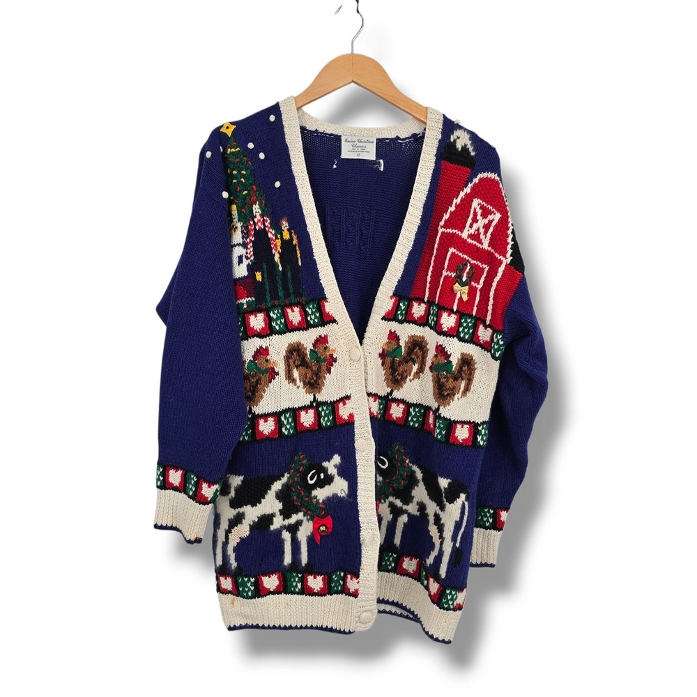 Marisa Christina Classics Vintage Farm Animal Holiday Cardigan Blue Medium